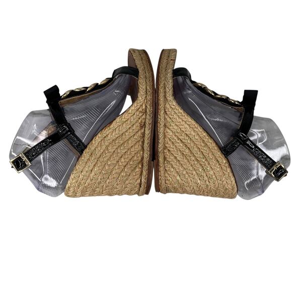 Kate Spade Espadrille Sandals Black 8 Bow Gold Chain - Picture 6 of 11